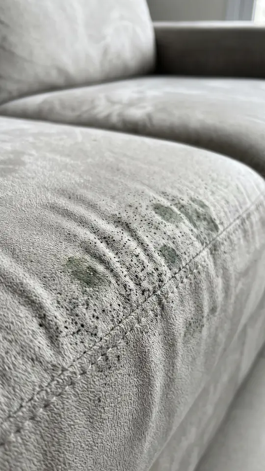 Close do tecido cinza de um sofá com pontinhos pretos e manchas verdes perto da costura (imagem ilustrativa gerada por IA)