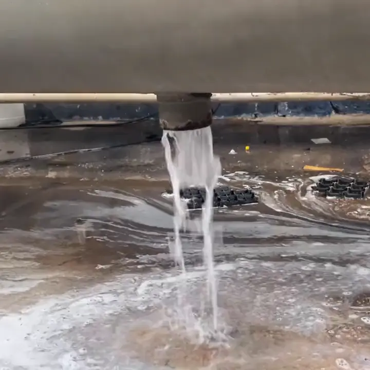 Água limpa caindo no piso da área de lavagem durante o enxágue do tapete